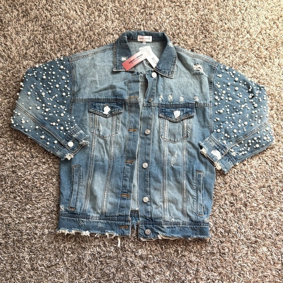 NEW Sunset & Spring Distressed Jean Jacket Oversized Pearl Embellished Denim XS - Picture 16 of 16